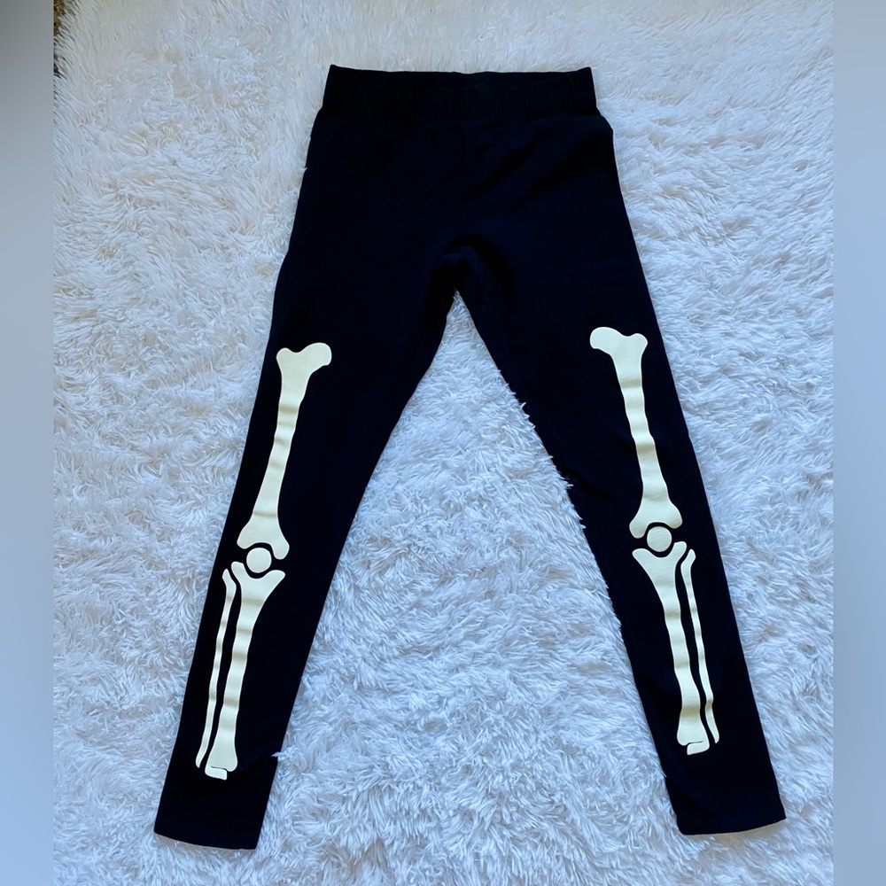 Skeleton Leggings GLOW IN THE DARK Sz S Skull Fleece Sweatshirt lokw Halloween